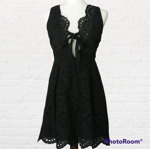Bibi Black Babydoll mini dress v-neck eyelet pleated Sleeveless  S